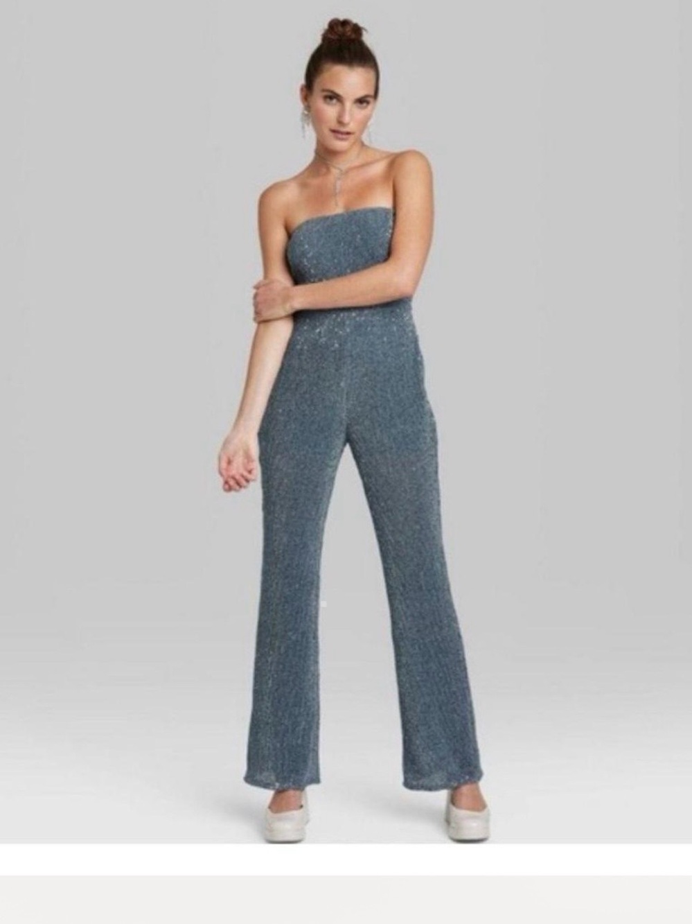 wild fable Strapless Glitter Sequin Wide-Leg Silver Blue Women’s Jumpsuit Small